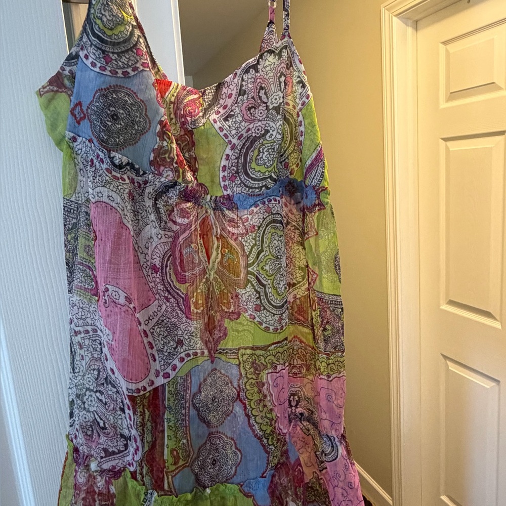 Derek Heart Pink, Green & Blue Paisley Tiered Maxi Dress